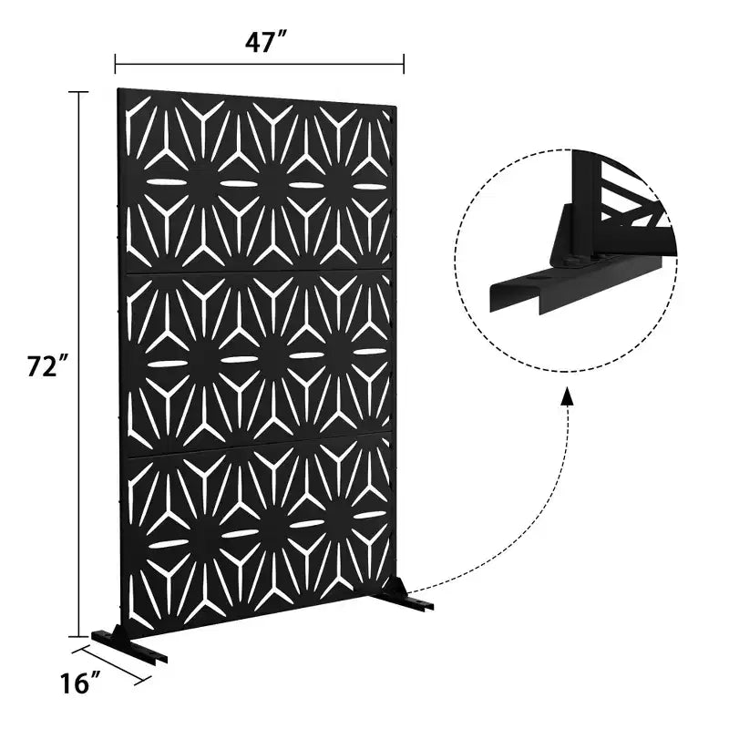 Freestanding Metal Outdoor Privacy Screen, 3-Panel Galvanized Steel, Laser-Cut Floral Pattern