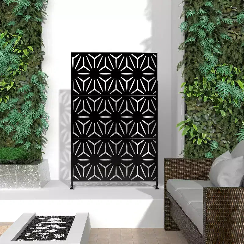 Freestanding Metal Outdoor Privacy Screen, 3-Panel Galvanized Steel, Laser-Cut Floral Pattern