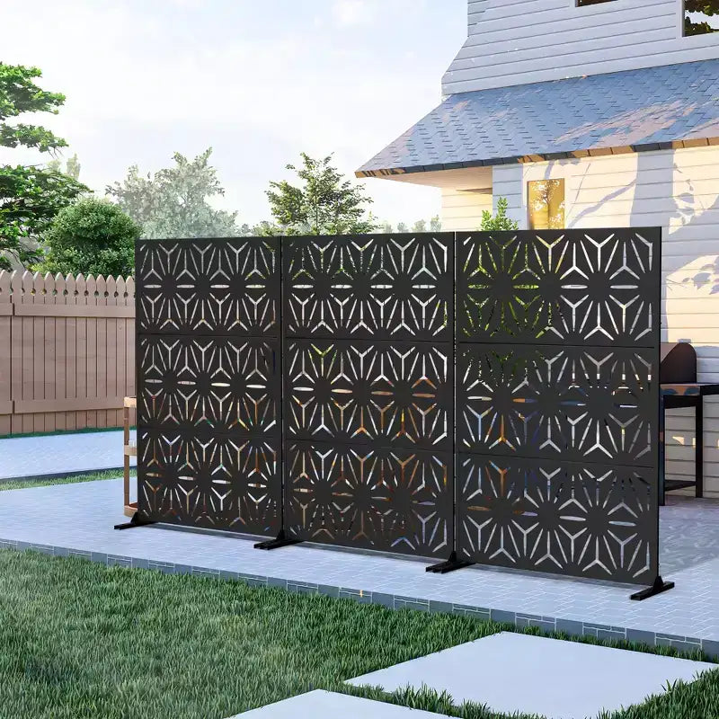 Freestanding Metal Outdoor Privacy Screen, 3-Panel Galvanized Steel, Laser-Cut Floral Pattern