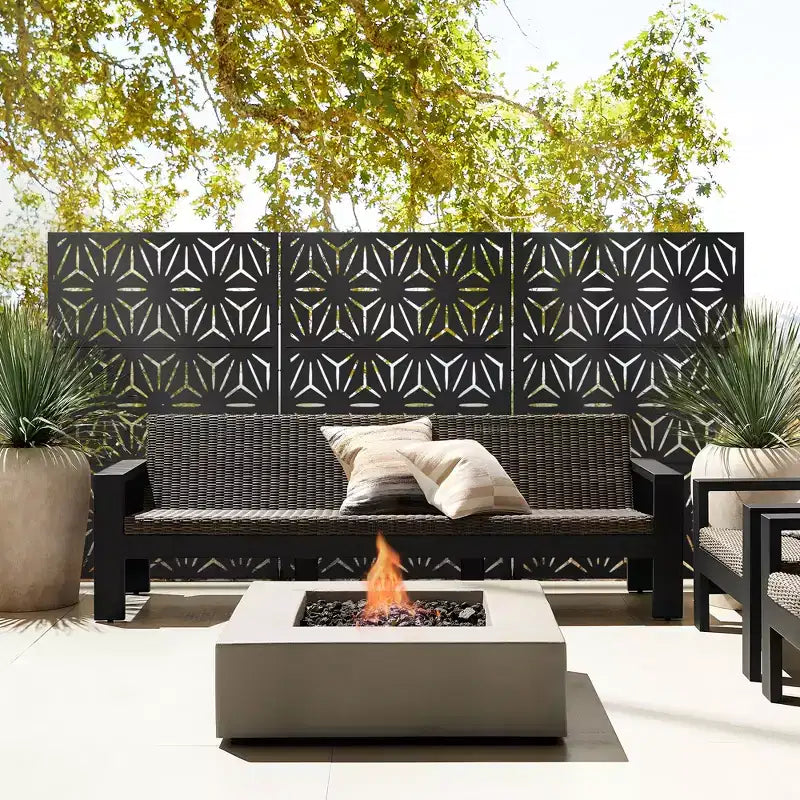 Freestanding Metal Outdoor Privacy Screen, 3-Panel Galvanized Steel, Laser-Cut Floral Pattern
