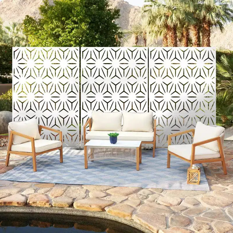 Freestanding Metal Outdoor Privacy Screen, 3-Panel Galvanized Steel, Laser-Cut Floral Pattern