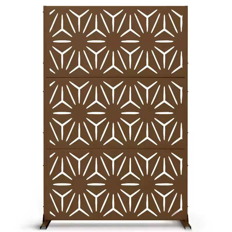 Freestanding Metal Outdoor Privacy Screen, 3-Panel Galvanized Steel, Laser-Cut Floral Pattern