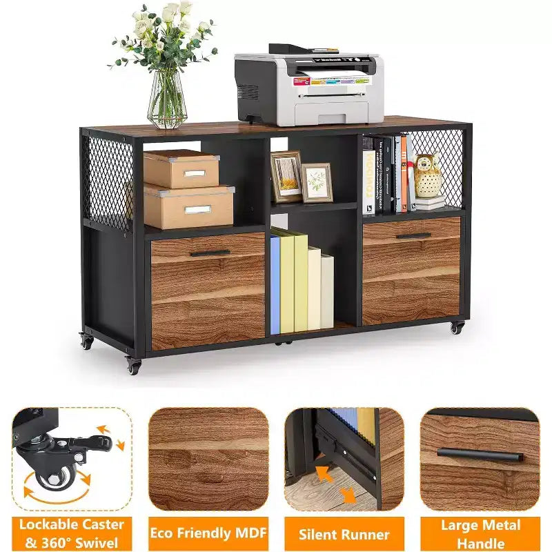 2 Drawer Wood File Cabinet, Mobile Lateral Filing Cabine with Storage Shelves