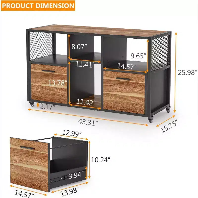 2 Drawer Wood File Cabinet, Mobile Lateral Filing Cabine with Storage Shelves