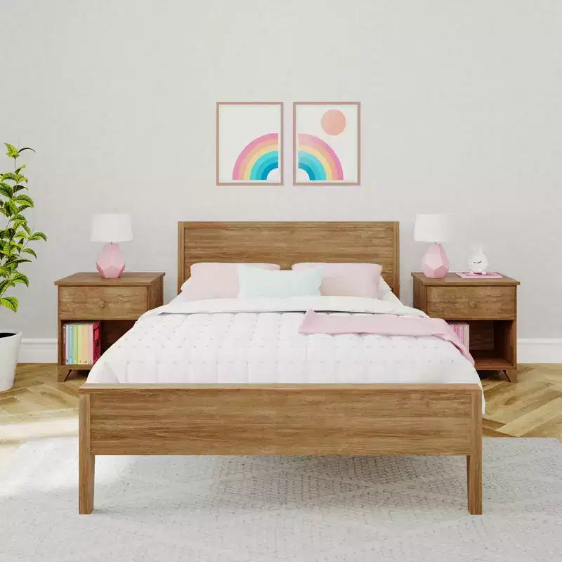 Full Size Kids Platform Bed with Panel Headboard, Solid Pine & Birch, 400 lb Capacity, No Box Spring