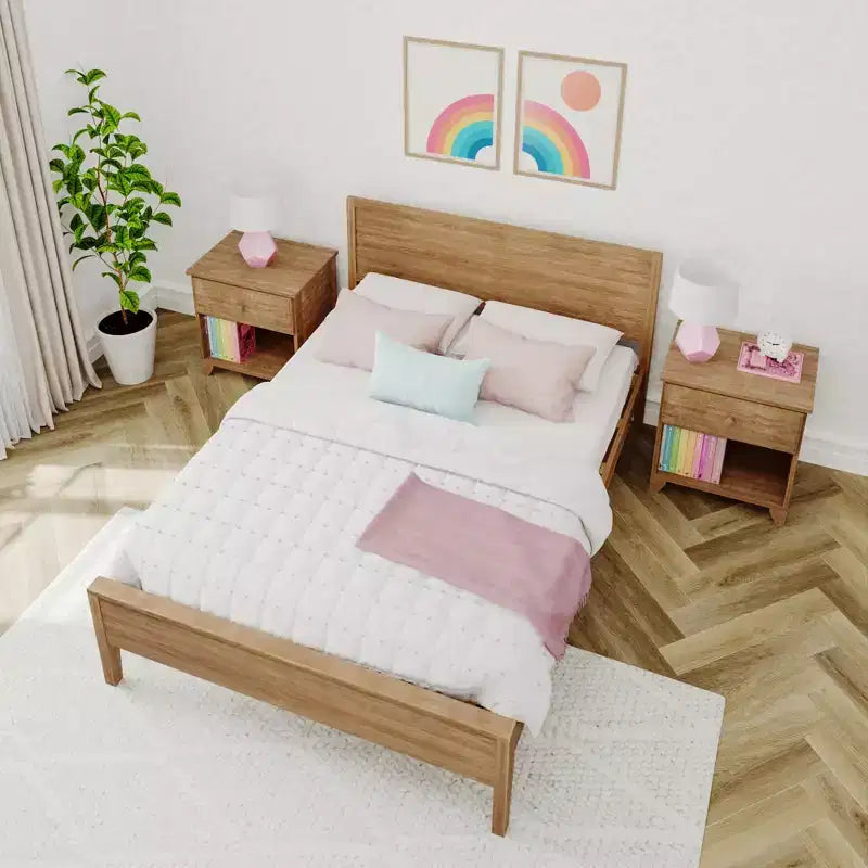 Full Size Kids Platform Bed with Panel Headboard, Solid Pine & Birch, 400 lb Capacity, No Box Spring