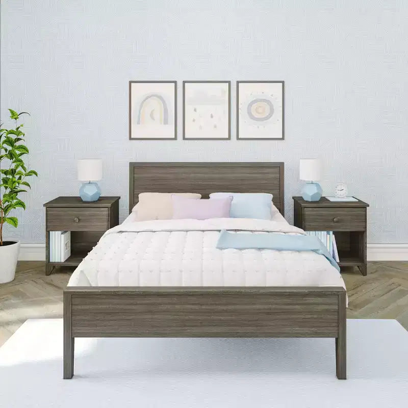 Full Size Kids Platform Bed with Panel Headboard, Solid Pine & Birch, 400 lb Capacity, No Box Spring