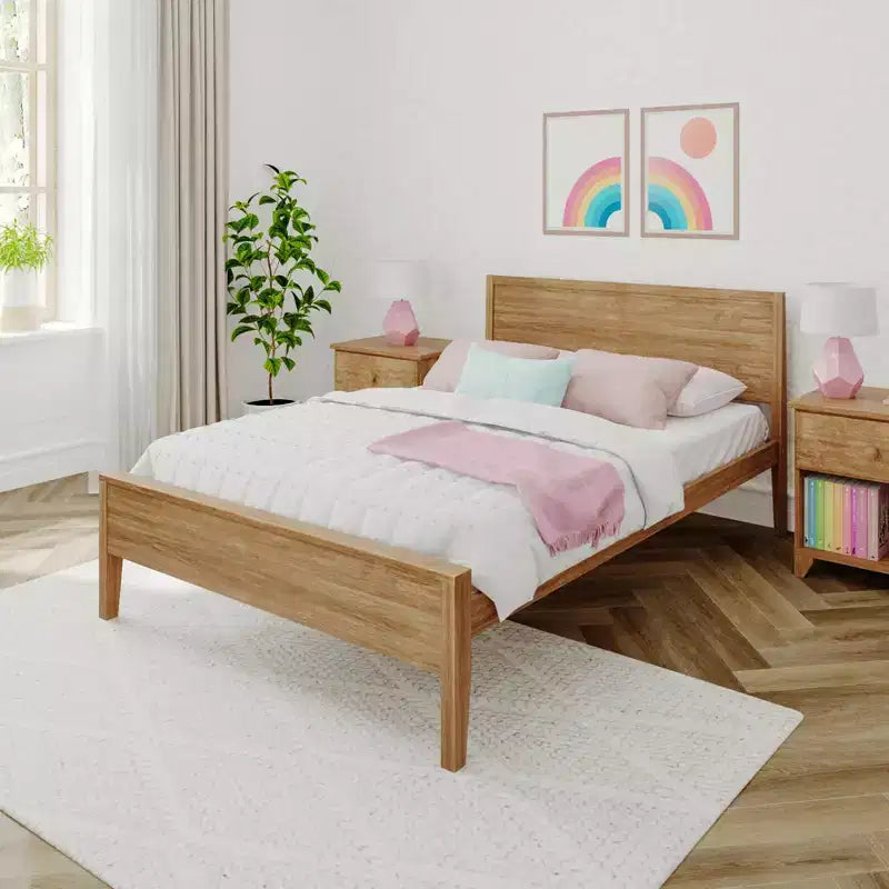 Full Size Kids Platform Bed with Panel Headboard, Solid Pine & Birch, 400 lb Capacity, No Box Spring