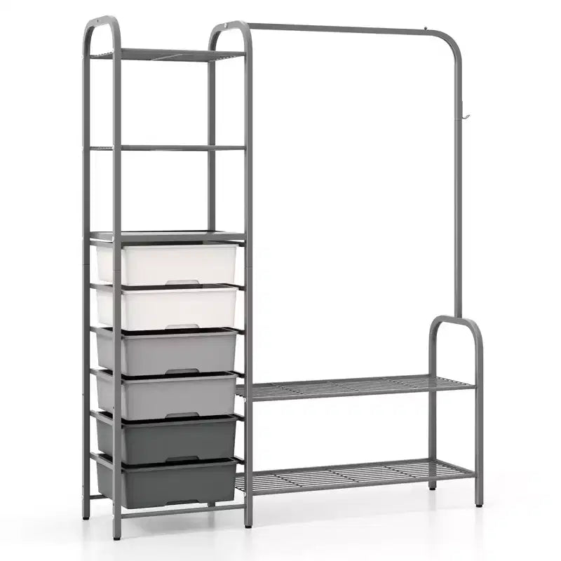 Heavy Duty Clothes Rack, 6 Removable Drawers, 3-Tier Shelves, 2-Tier Shoe Rack, Side Hook, Gray Metal
