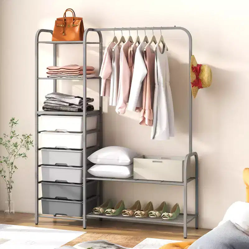 Heavy Duty Clothes Rack, 6 Removable Drawers, 3-Tier Shelves, 2-Tier Shoe Rack, Side Hook, Gray Metal