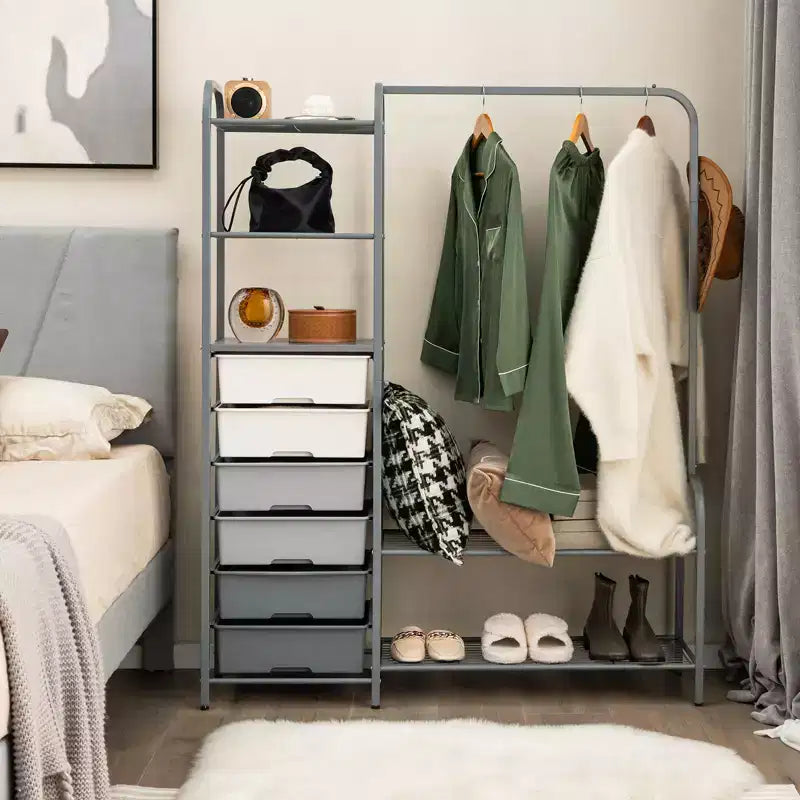 Heavy Duty Clothes Rack, 6 Removable Drawers, 3-Tier Shelves, 2-Tier Shoe Rack, Side Hook, Gray Metal