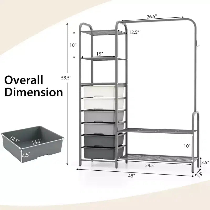 Heavy Duty Clothes Rack, 6 Removable Drawers, 3-Tier Shelves, 2-Tier Shoe Rack, Side Hook, Gray Metal