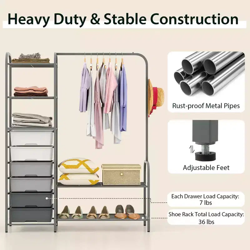 Heavy Duty Clothes Rack, 6 Removable Drawers, 3-Tier Shelves, 2-Tier Shoe Rack, Side Hook, Gray Metal
