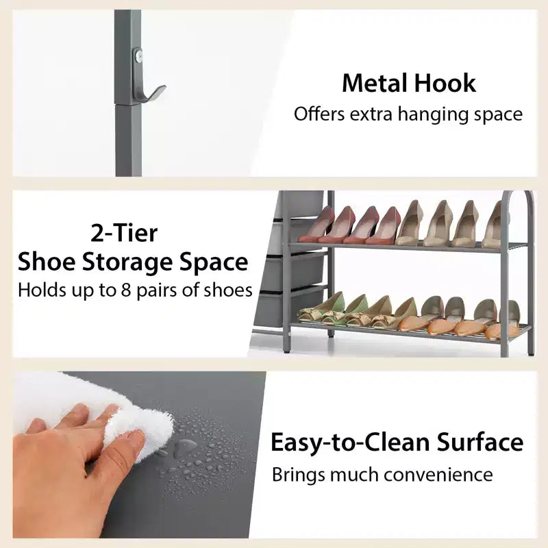 Heavy Duty Clothes Rack, 6 Removable Drawers, 3-Tier Shelves, 2-Tier Shoe Rack, Side Hook, Gray Metal