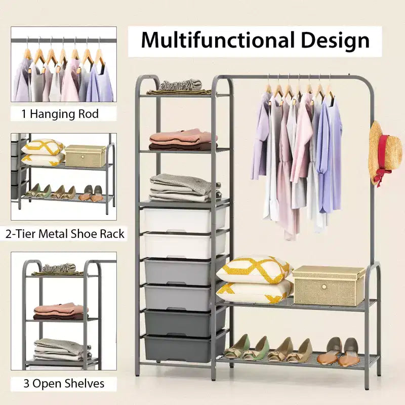 Heavy Duty Clothes Rack, 6 Removable Drawers, 3-Tier Shelves, 2-Tier Shoe Rack, Side Hook, Gray Metal