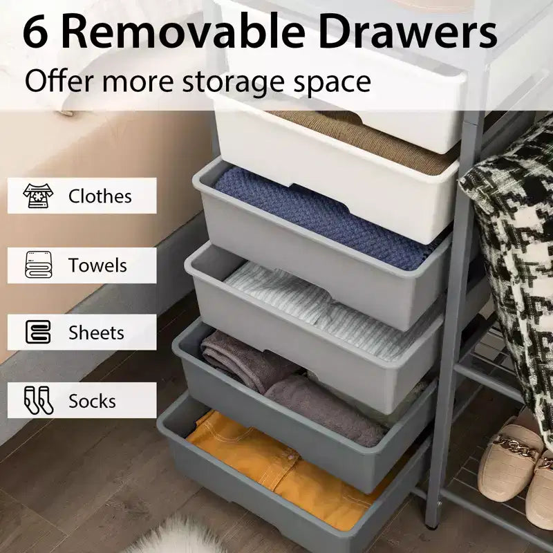 Heavy Duty Clothes Rack, 6 Removable Drawers, 3-Tier Shelves, 2-Tier Shoe Rack, Side Hook, Gray Metal
