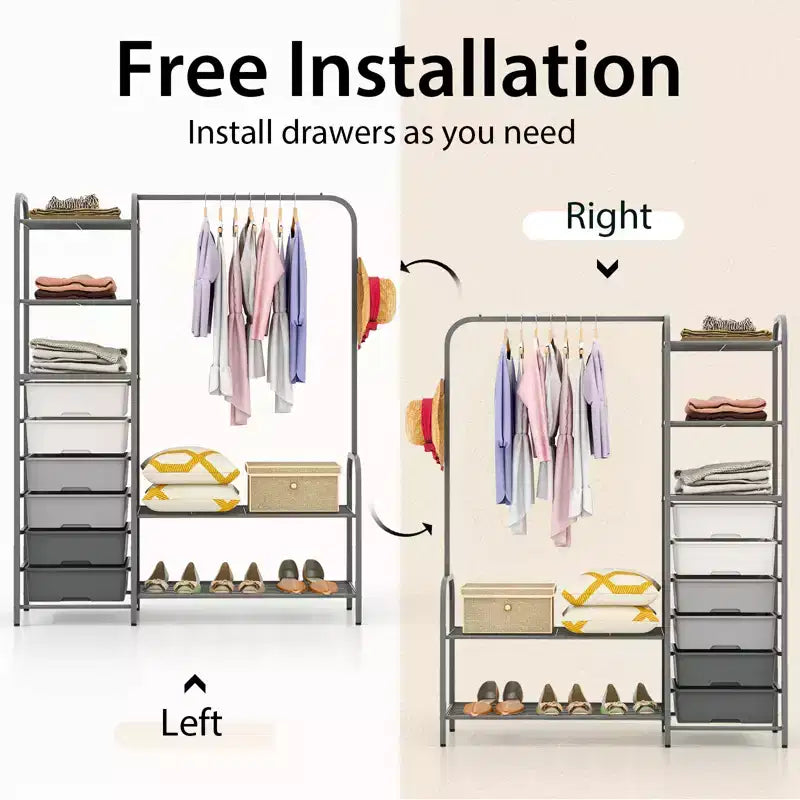 Heavy Duty Clothes Rack, 6 Removable Drawers, 3-Tier Shelves, 2-Tier Shoe Rack, Side Hook, Gray Metal