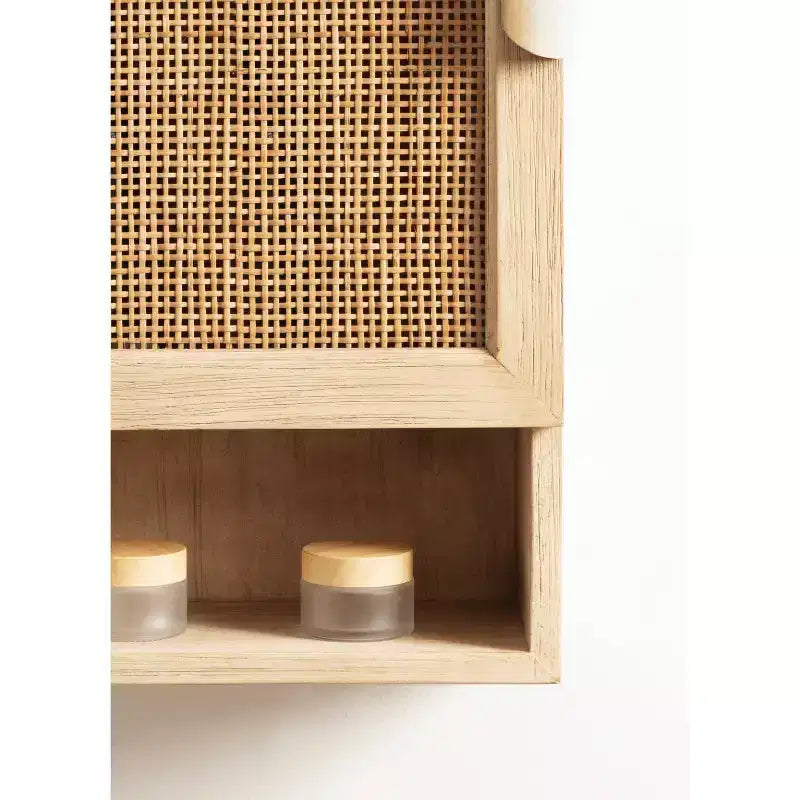 Rattan Wall Cabinet, Natural Finish, 3 Shelves, 1 Door, Wall Mount, 23.75"H, No Assembly Required