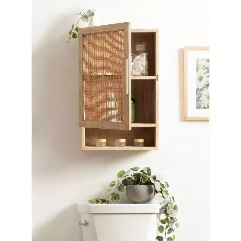 Rattan Wall Cabinet, Natural Finish, 3 Shelves, 1 Door, Wall Mount, 23.75"H, No Assembly Required