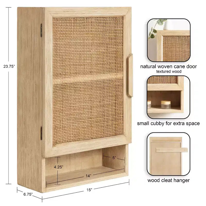 Rattan Wall Cabinet, Natural Finish, 3 Shelves, 1 Door, Wall Mount, 23.75"H, No Assembly Required