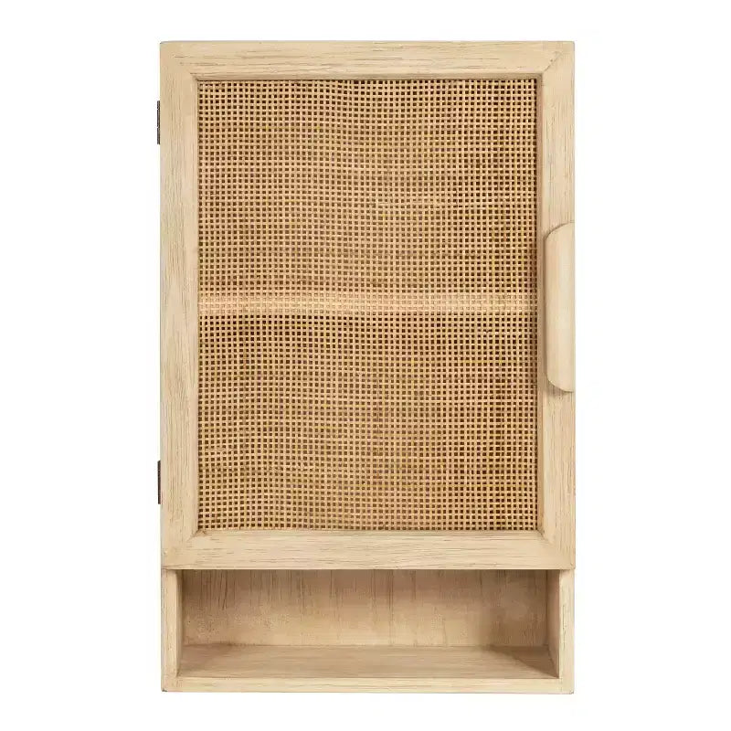 Rattan Wall Cabinet, Natural Finish, 3 Shelves, 1 Door, Wall Mount, 23.75"H, No Assembly Required
