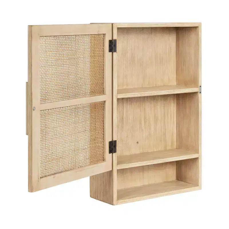 Rattan Wall Cabinet, Natural Finish, 3 Shelves, 1 Door, Wall Mount, 23.75"H, No Assembly Required