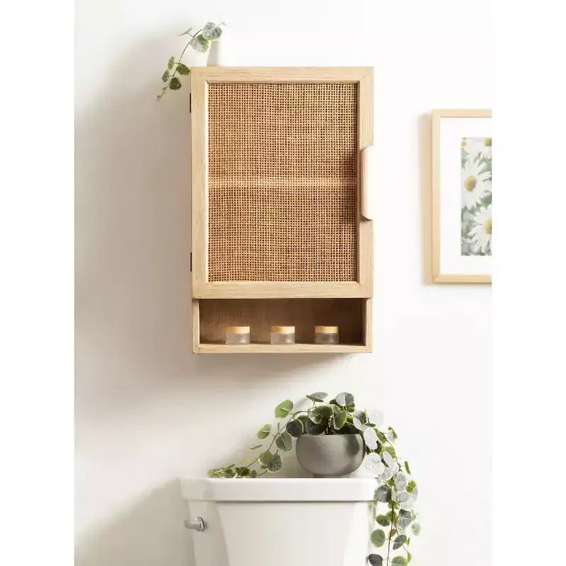 Rattan Wall Cabinet, Natural Finish, 3 Shelves, 1 Door, Wall Mount, 23.75"H, No Assembly Required