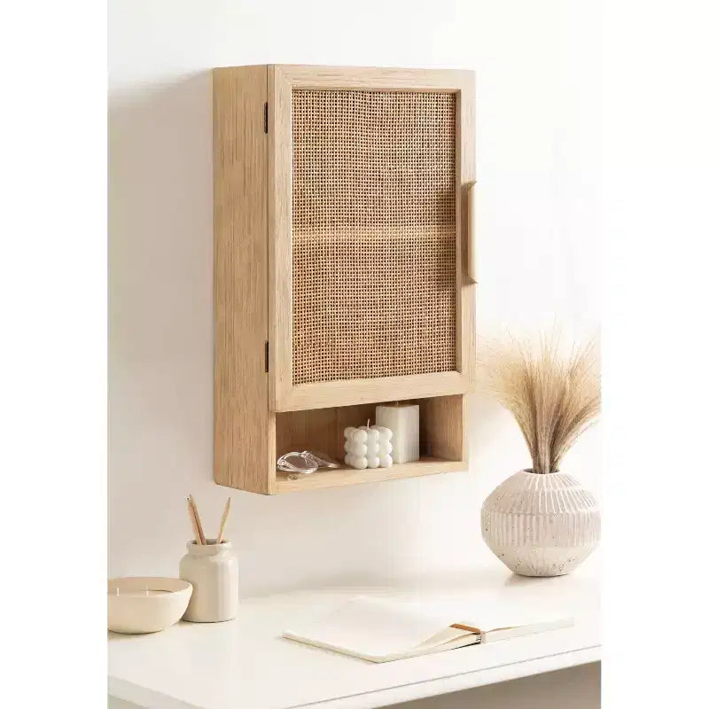 Rattan Wall Cabinet, Natural Finish, 3 Shelves, 1 Door, Wall Mount, 23.75"H, No Assembly Required