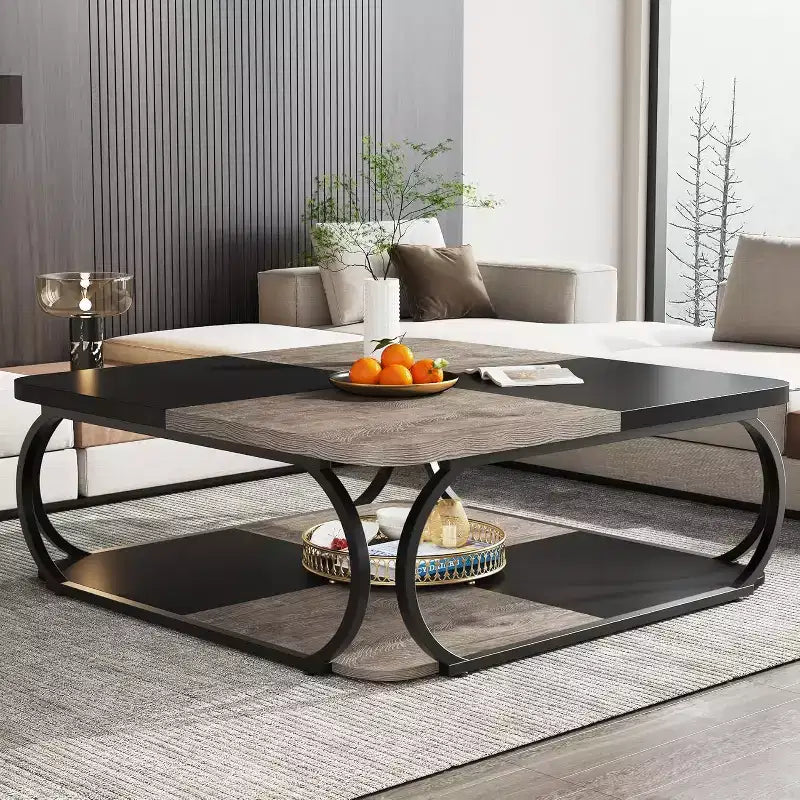 40" Farmhouse 2-Tier Square Coffee Table, Wood Top, Heavy Duty Curved Metal Frame, Brown