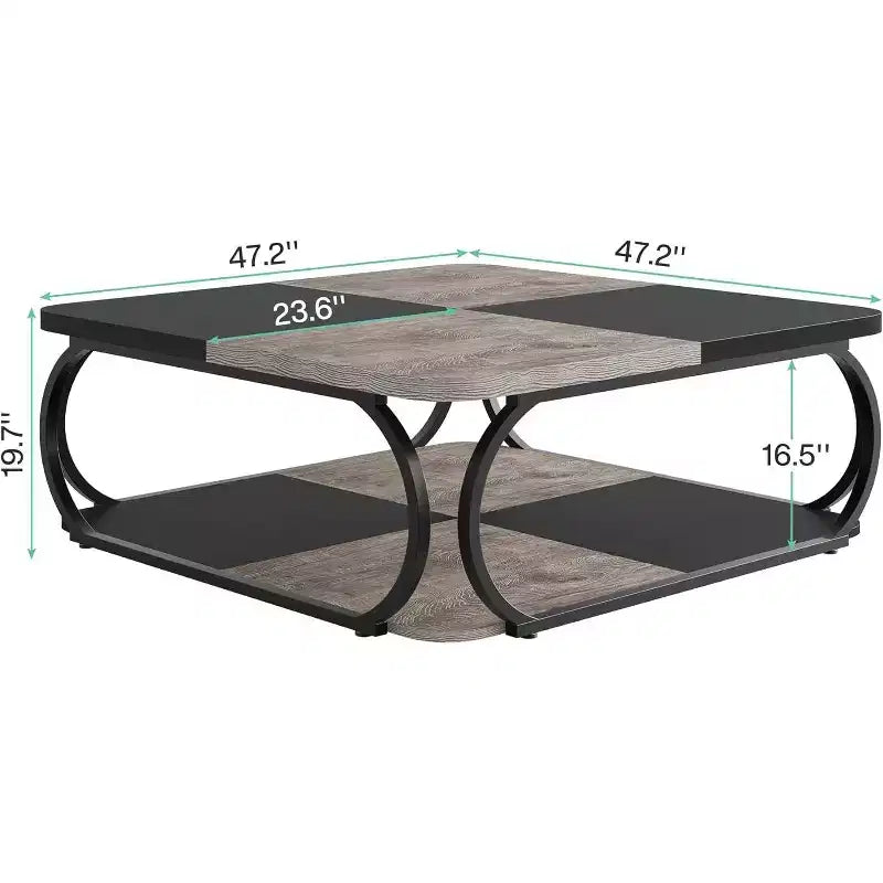 40" Farmhouse 2-Tier Square Coffee Table, Wood Top, Heavy Duty Curved Metal Frame, Brown