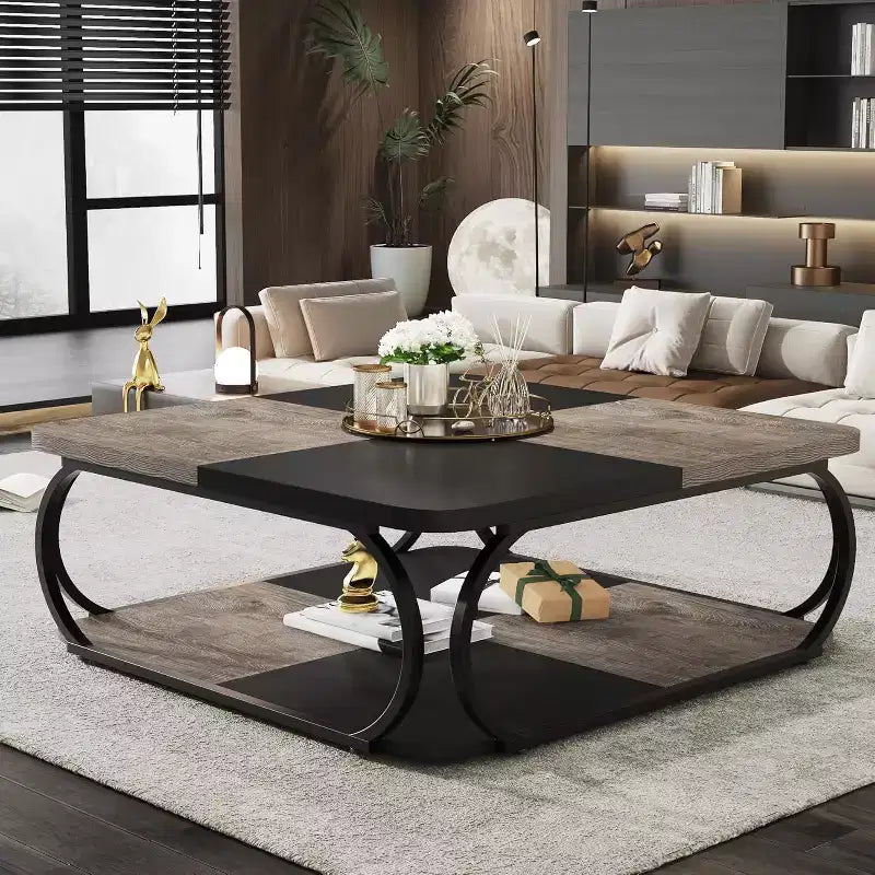 40" Farmhouse 2-Tier Square Coffee Table, Wood Top, Heavy Duty Curved Metal Frame, Brown