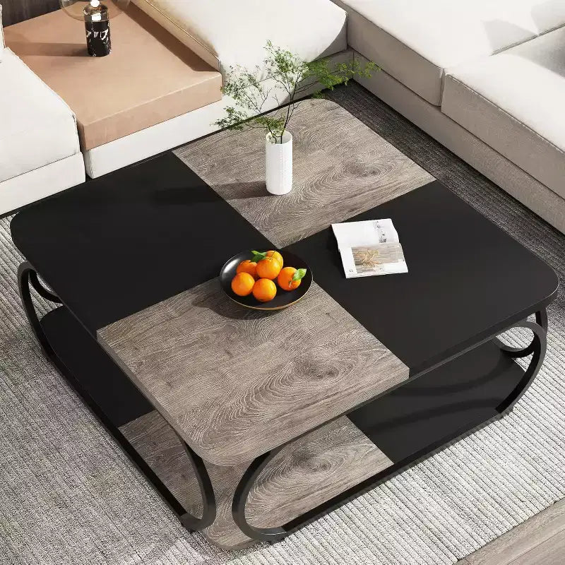 40" Farmhouse 2-Tier Square Coffee Table, Wood Top, Heavy Duty Curved Metal Frame, Brown