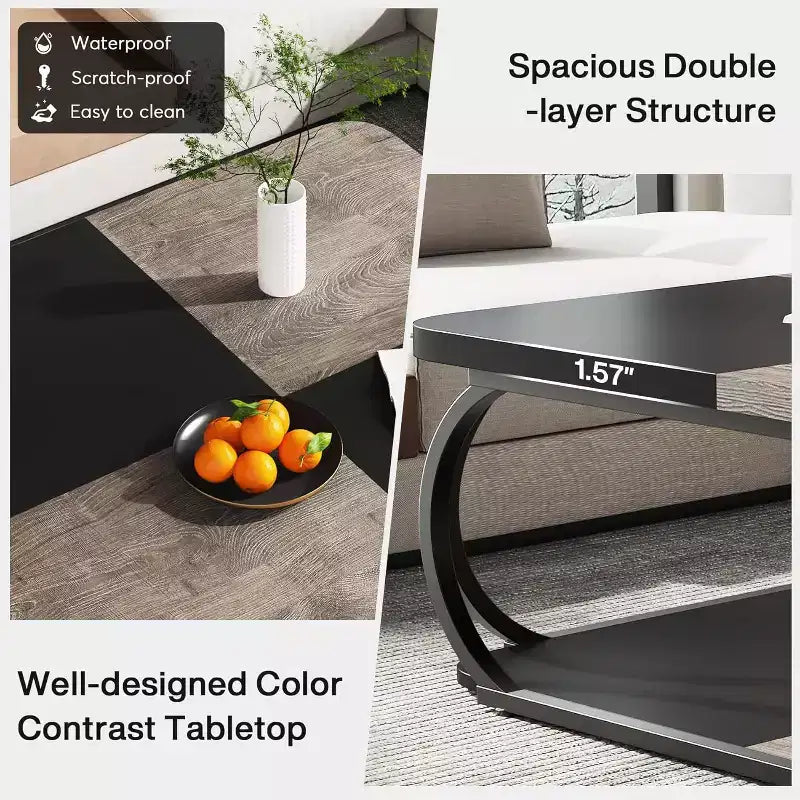 40" Farmhouse 2-Tier Square Coffee Table, Wood Top, Heavy Duty Curved Metal Frame, Brown
