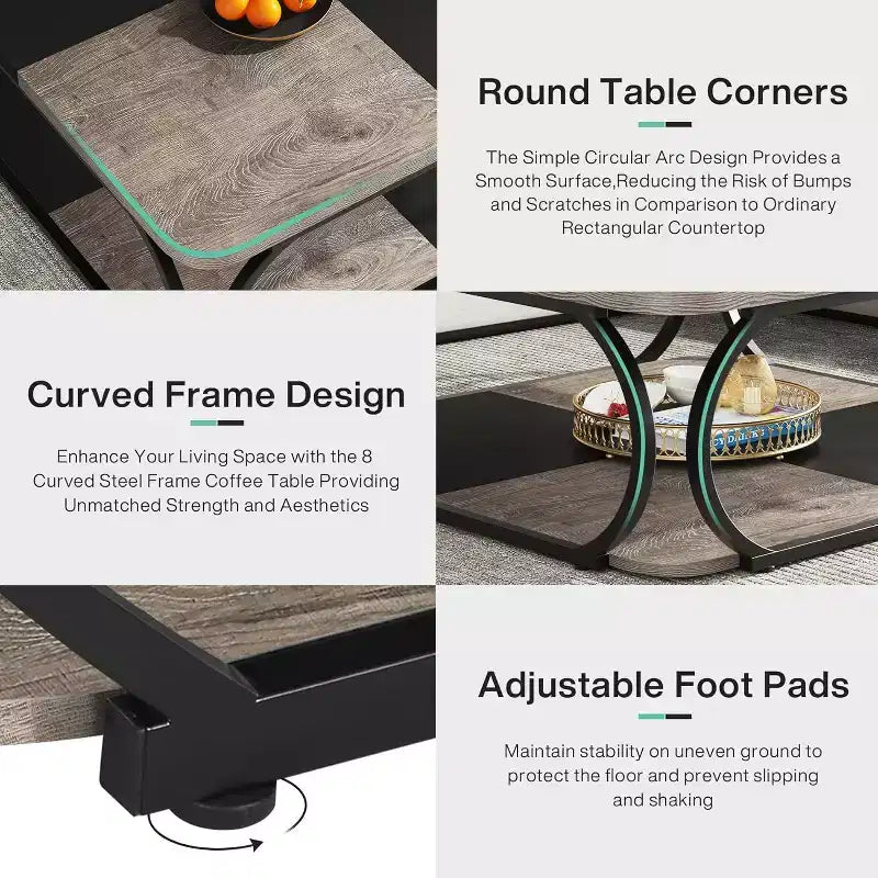 40" Farmhouse 2-Tier Square Coffee Table, Wood Top, Heavy Duty Curved Metal Frame, Brown