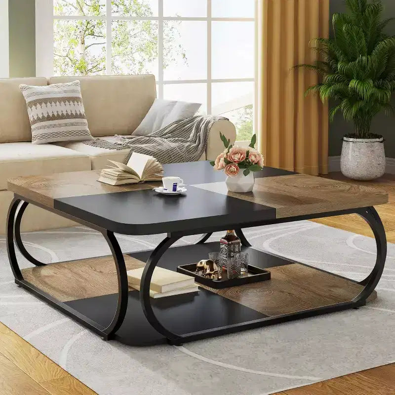 40" Farmhouse 2-Tier Square Coffee Table, Wood Top, Heavy Duty Curved Metal Frame, Brown