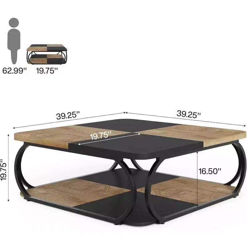 40" Farmhouse 2-Tier Square Coffee Table, Wood Top, Heavy Duty Curved Metal Frame, Brown