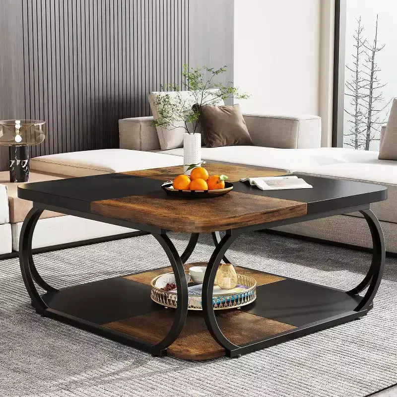 40" Farmhouse 2-Tier Square Coffee Table, Wood Top, Heavy Duty Curved Metal Frame, Brown