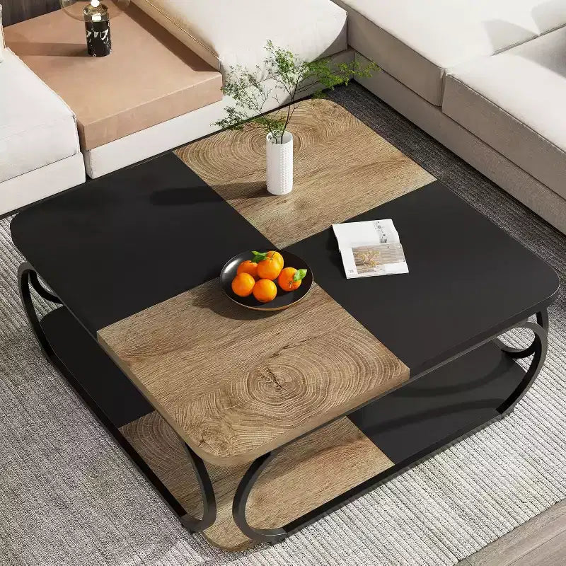 40" Farmhouse 2-Tier Square Coffee Table, Wood Top, Heavy Duty Curved Metal Frame, Brown