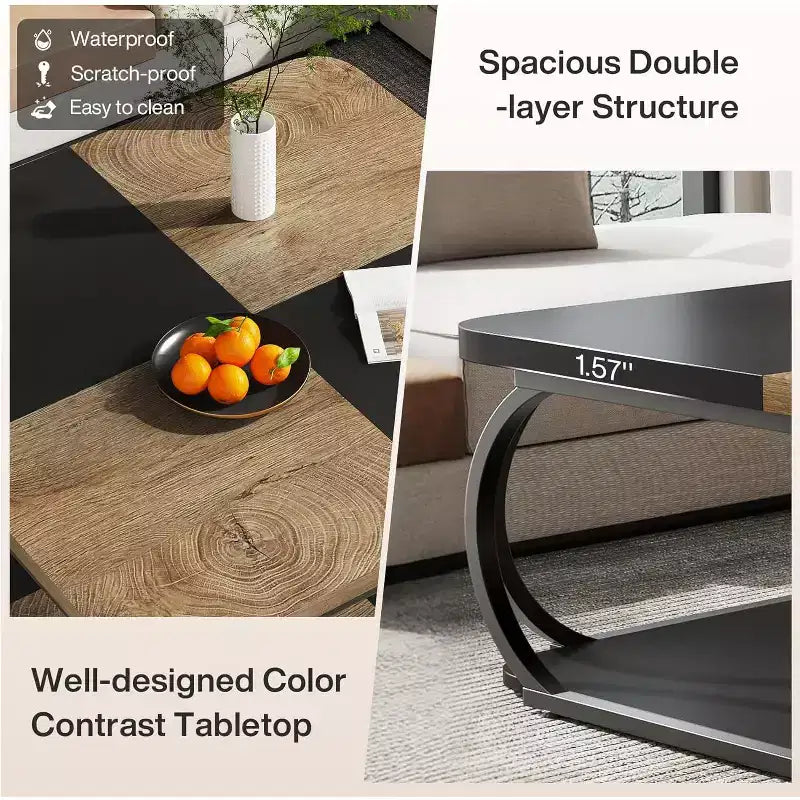 40" Farmhouse 2-Tier Square Coffee Table, Wood Top, Heavy Duty Curved Metal Frame, Brown