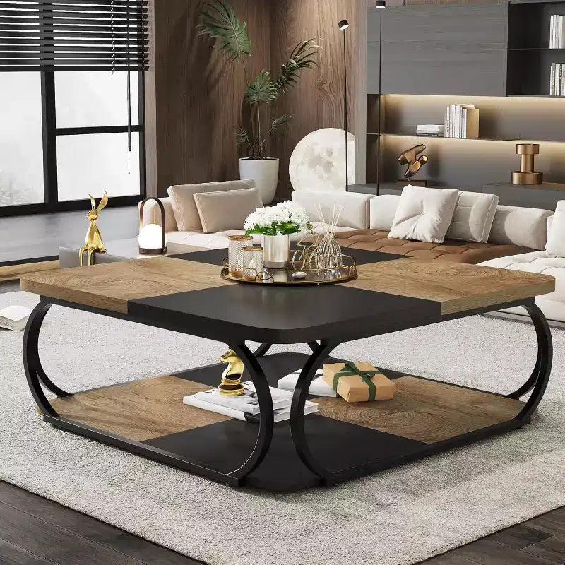 40" Farmhouse 2-Tier Square Coffee Table, Wood Top, Heavy Duty Curved Metal Frame, Brown