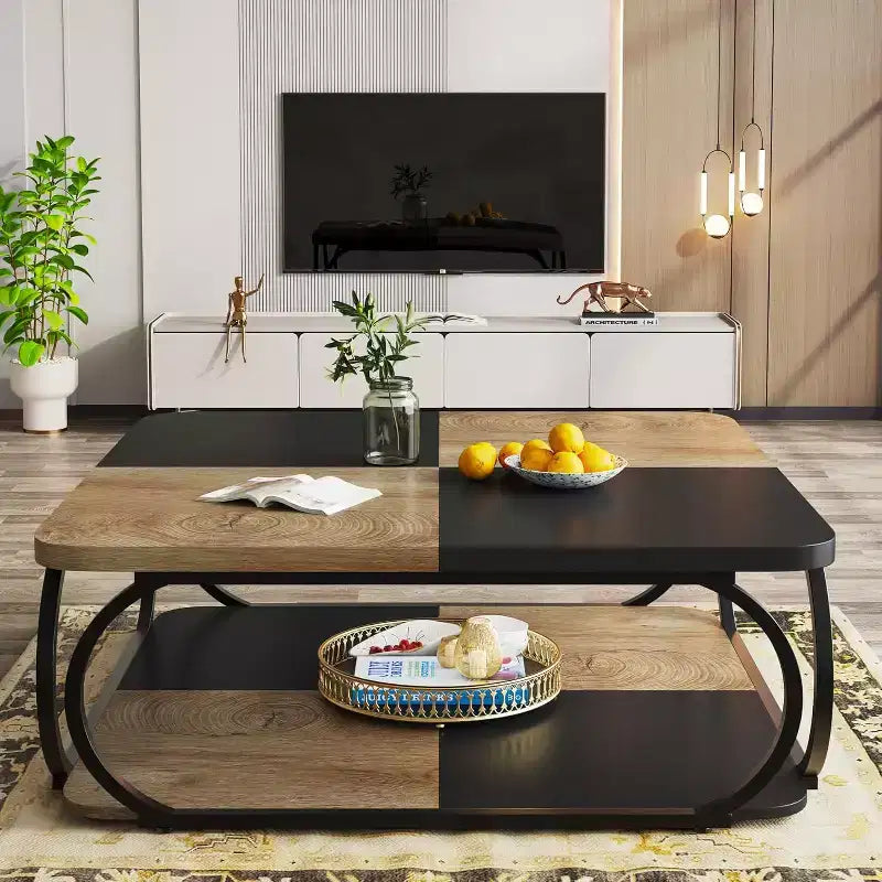 40" Farmhouse 2-Tier Square Coffee Table, Wood Top, Heavy Duty Curved Metal Frame, Brown