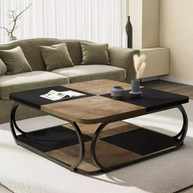 40" Farmhouse 2-Tier Square Coffee Table, Wood Top, Heavy Duty Curved Metal Frame, Brown