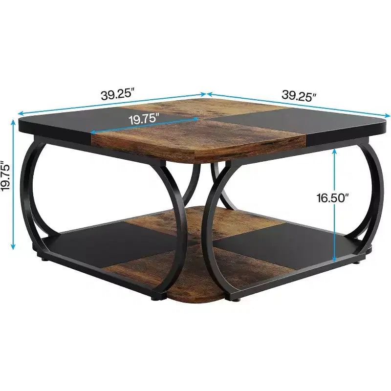 40" Farmhouse 2-Tier Square Coffee Table, Wood Top, Heavy Duty Curved Metal Frame, Brown