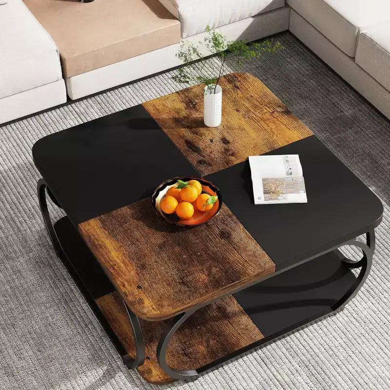 40" Farmhouse 2-Tier Square Coffee Table, Wood Top, Heavy Duty Curved Metal Frame, Brown