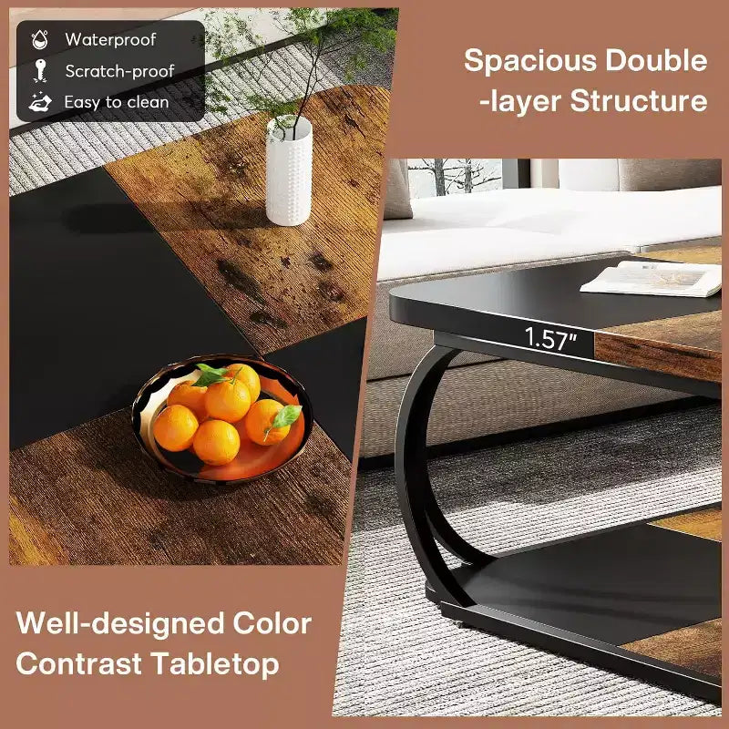 40" Farmhouse 2-Tier Square Coffee Table, Wood Top, Heavy Duty Curved Metal Frame, Brown