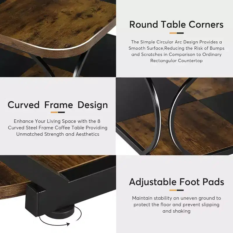 40" Farmhouse 2-Tier Square Coffee Table, Wood Top, Heavy Duty Curved Metal Frame, Brown