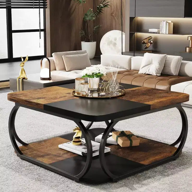 40" Farmhouse 2-Tier Square Coffee Table, Wood Top, Heavy Duty Curved Metal Frame, Brown