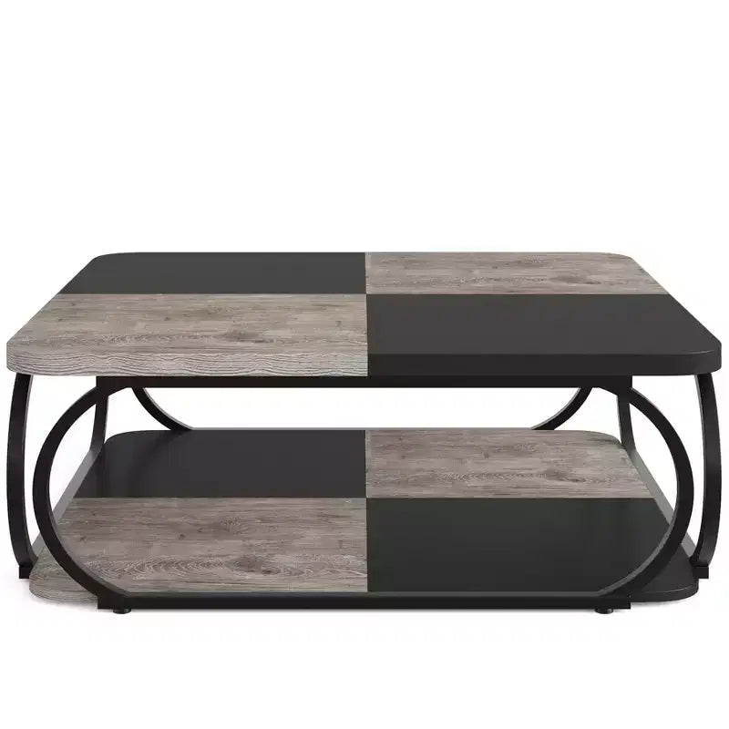 40" Farmhouse 2-Tier Square Coffee Table, Wood Top, Heavy Duty Curved Metal Frame, Brown