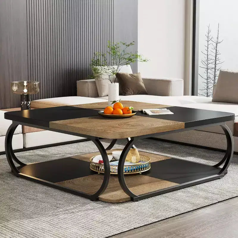 40" Farmhouse 2-Tier Square Coffee Table, Wood Top, Heavy Duty Curved Metal Frame, Brown