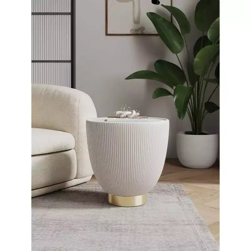 Round End Table, Leatherette Upholstered Base, Ceramic Faux Marble Top, 80 lb Capacity, No Assembly